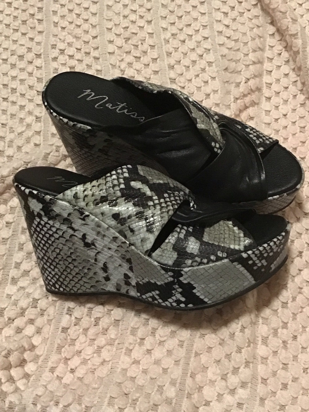 Matisse Black and Gray Snake-Print Wedge Sandals